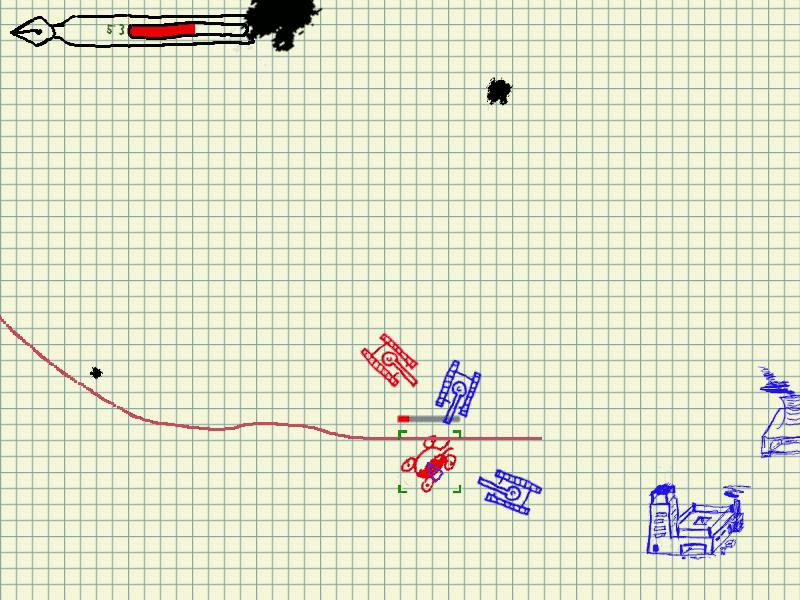 A combat scene from Ink Wars involving two factions of tanks, with one base seen on the right