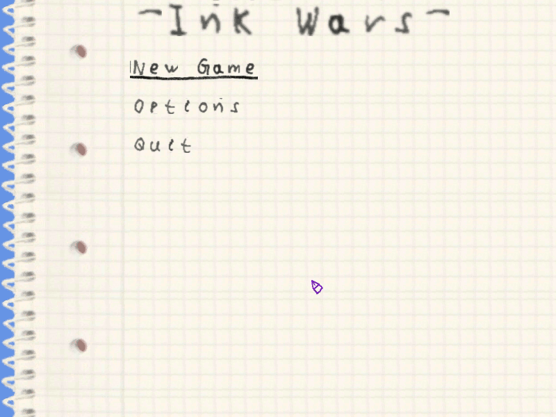 The Ink Wars title screen, showing the main menu as stylized scribbles on paper