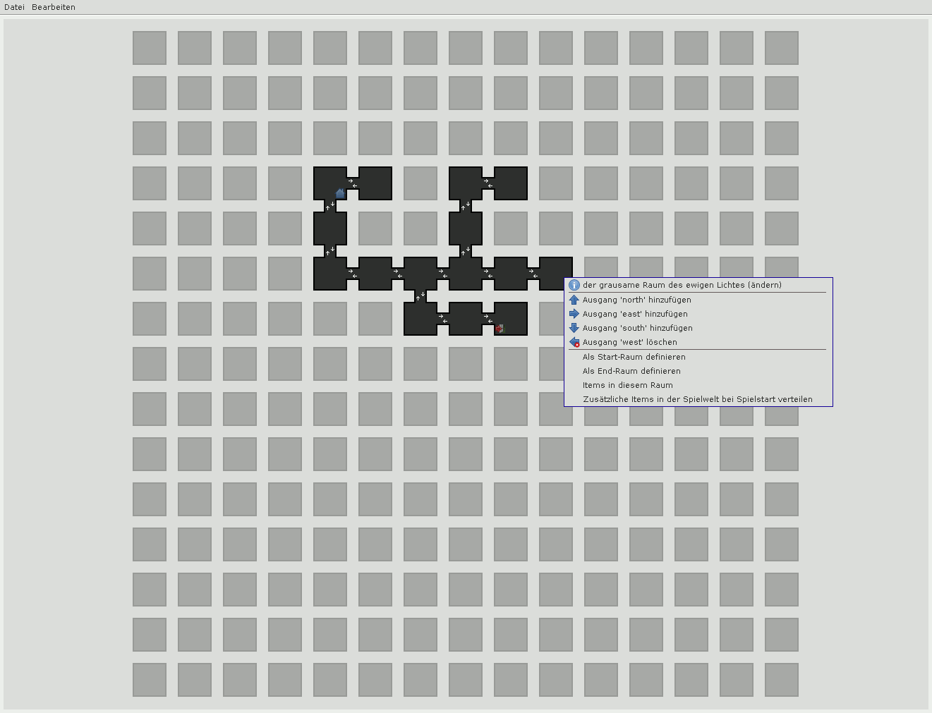 ZuuL editor showing a room grid with some connections, the context menu is opened for one room