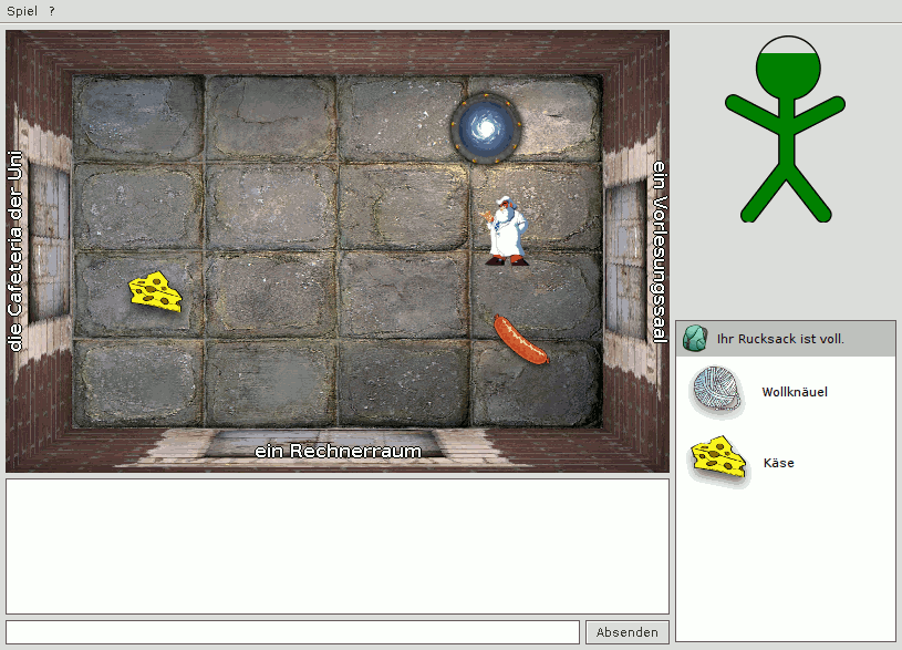 Game UI showing the current room with all available doors and items, the player character and his health bar, as well as the current items in the backpack